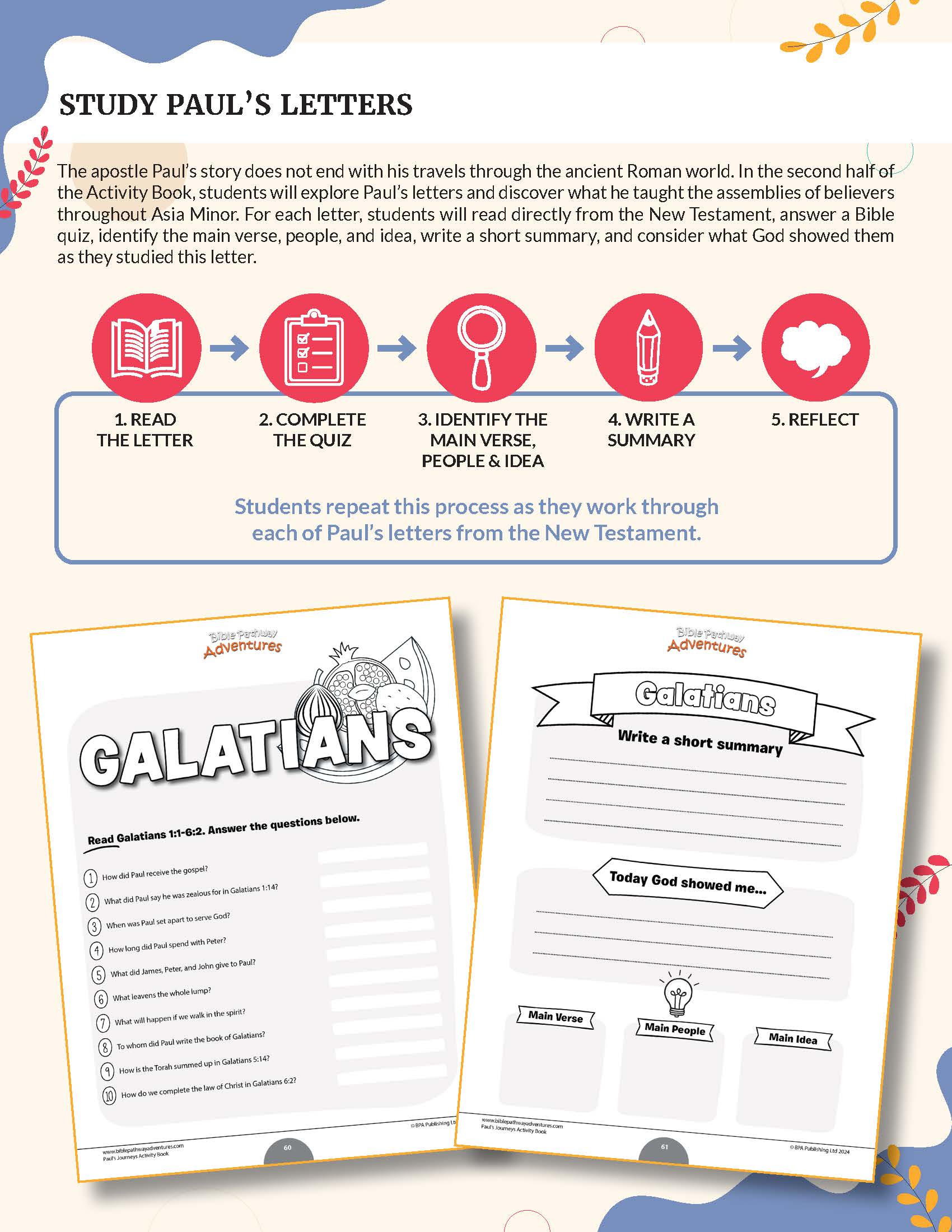 An educational worksheet page titled 'Study Paul's Letters' with a five-step process in red icons and text, plus two sample worksheet pages shown below: one for Galatians with a crossword and one with a short summary prompt for Paul's Journeys Activity Book.