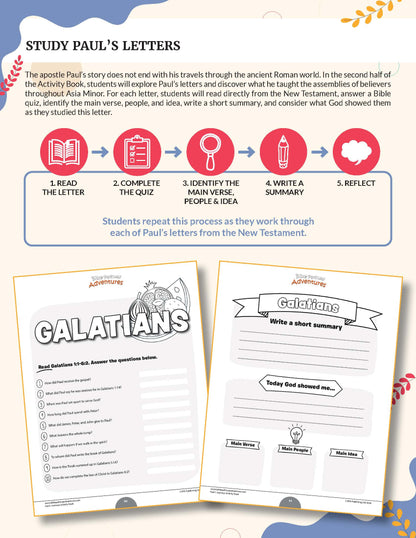 An educational worksheet page titled 'Study Paul's Letters' with a five-step process in red icons and text, plus two sample worksheet pages shown below: one for Galatians with a crossword and one with a short summary prompt for Paul's Journeys Activity Book.