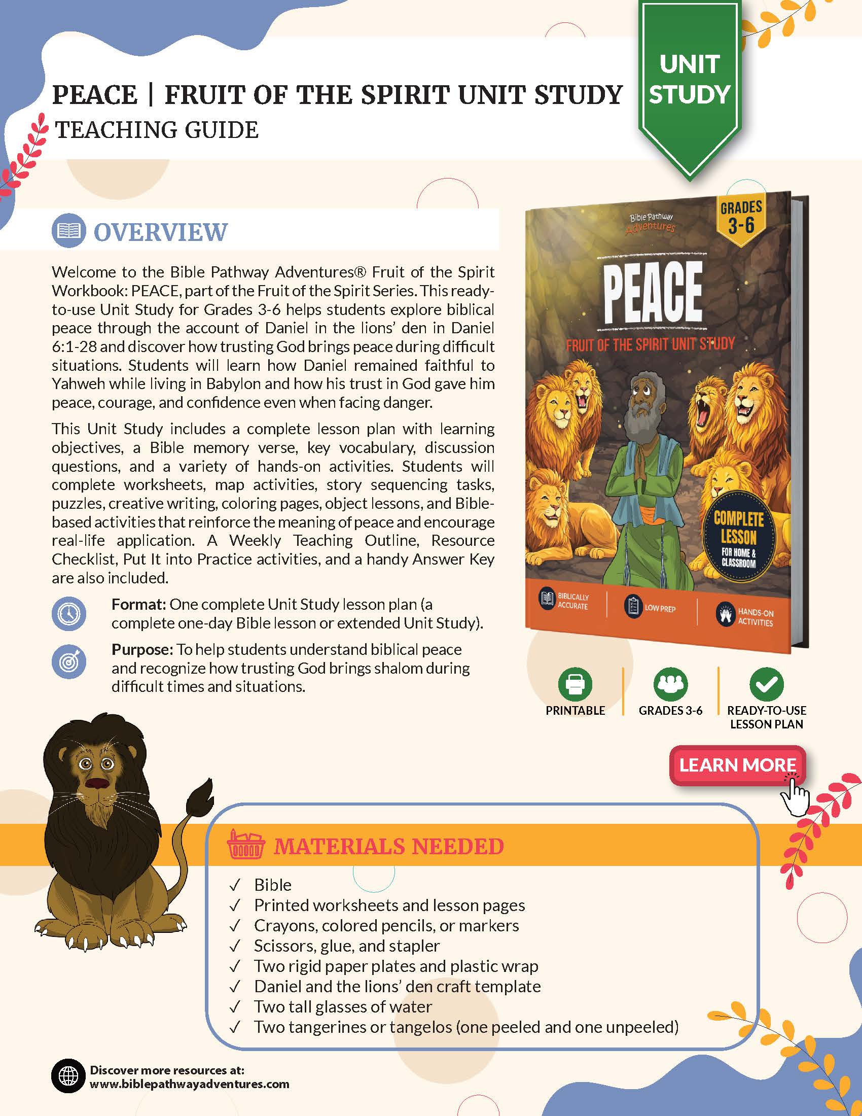 Teaching guide for 'Fruit of the Spirit Workbook: Peace' with lion illustrations and text.