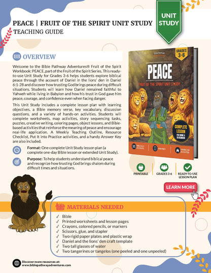 Teaching guide for 'Fruit of the Spirit Workbook: Peace' with lion illustrations and text.