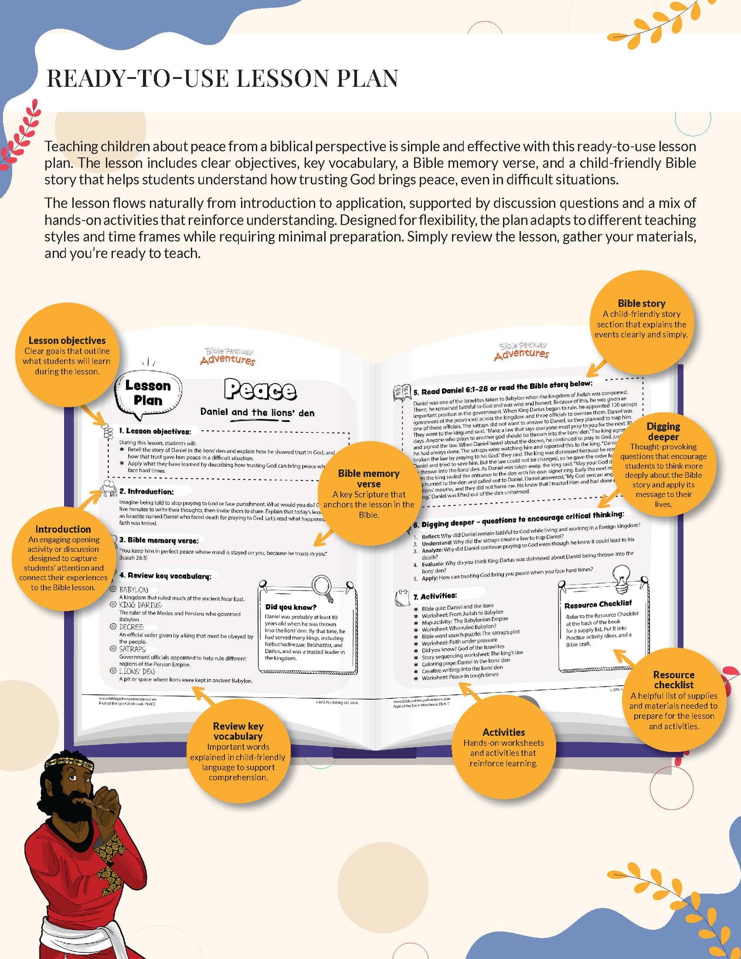 Ready-to-use lesson plan on peace from a biblical perspective with colorful graphics and text.