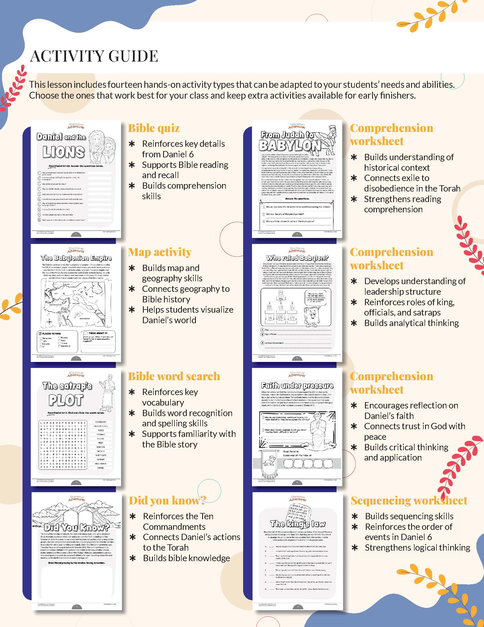 Peace - Fruit of the Spirit workbook activity guide with various educational activities for students, including quizzes and worksheets