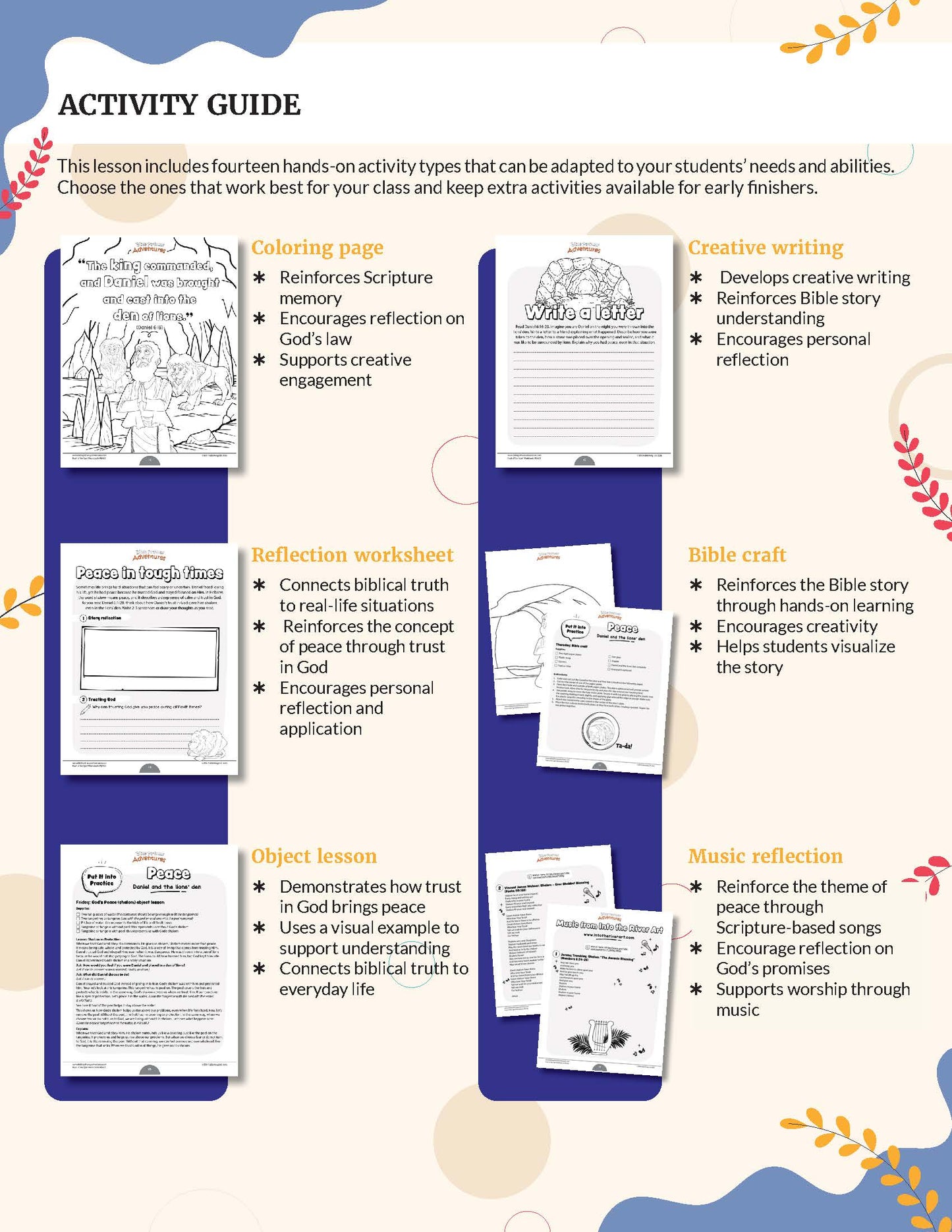 Peace - Fruit of the Spirit workbook activity guide with various educational activities for students on a white background