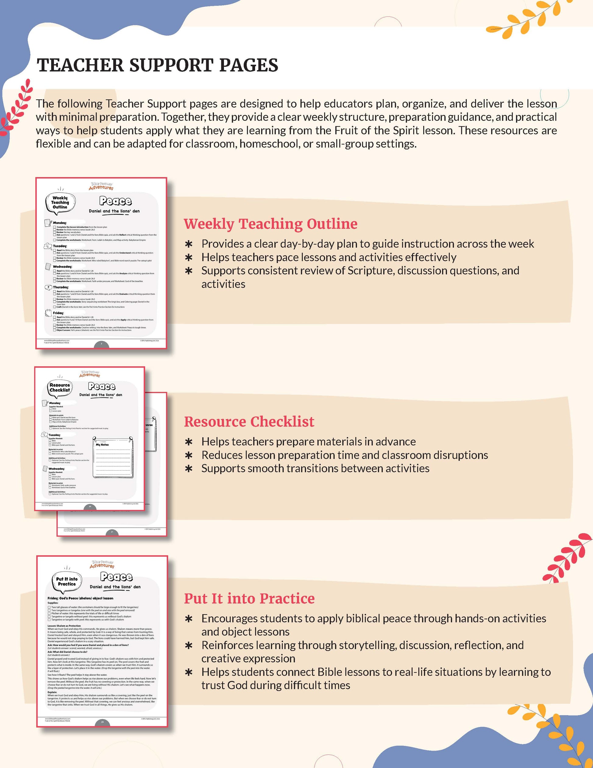 Peace - Fruit of the Spirit workbook Teacher Support Pages with outlines and checklists on a beige background