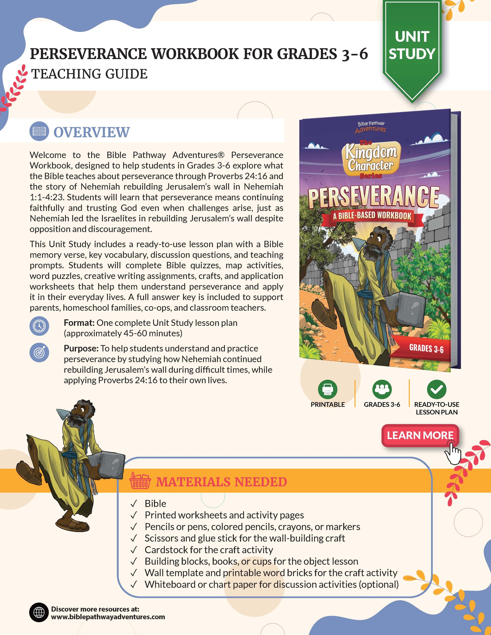 Teaching guide for Perseverance Bible Workbook for Grades 3-6