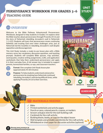 Teaching guide for Perseverance Bible Workbook for Grades 3-6