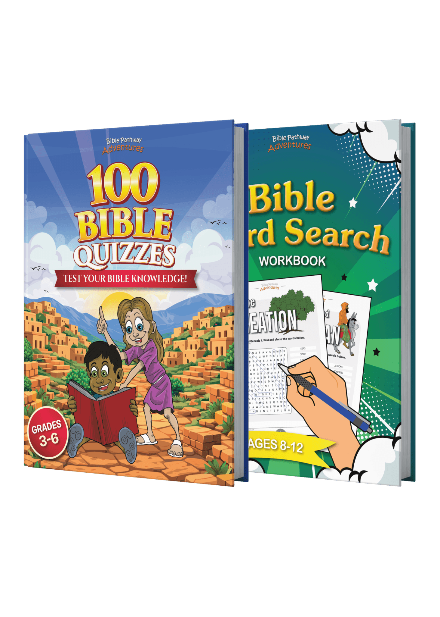Two educational books titled '100 Bible Quizzes' and 'Bible Word Search Workbook' on a white background.