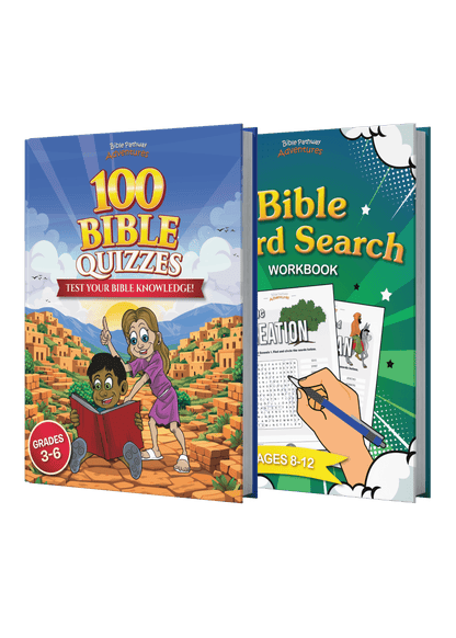 Two educational books titled '100 Bible Quizzes' and 'Bible Word Search Workbook' on a white background.
