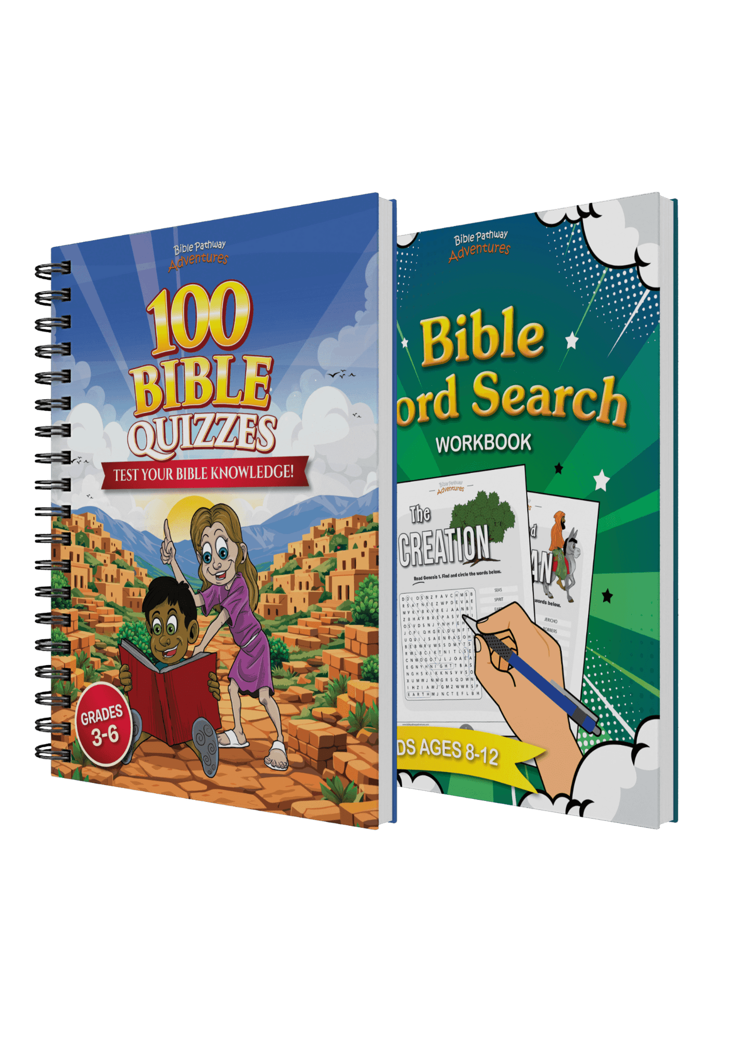 Two educational books titled '100 Bible Quizzes' and 'Bible Word Search Workbook' on a white background.