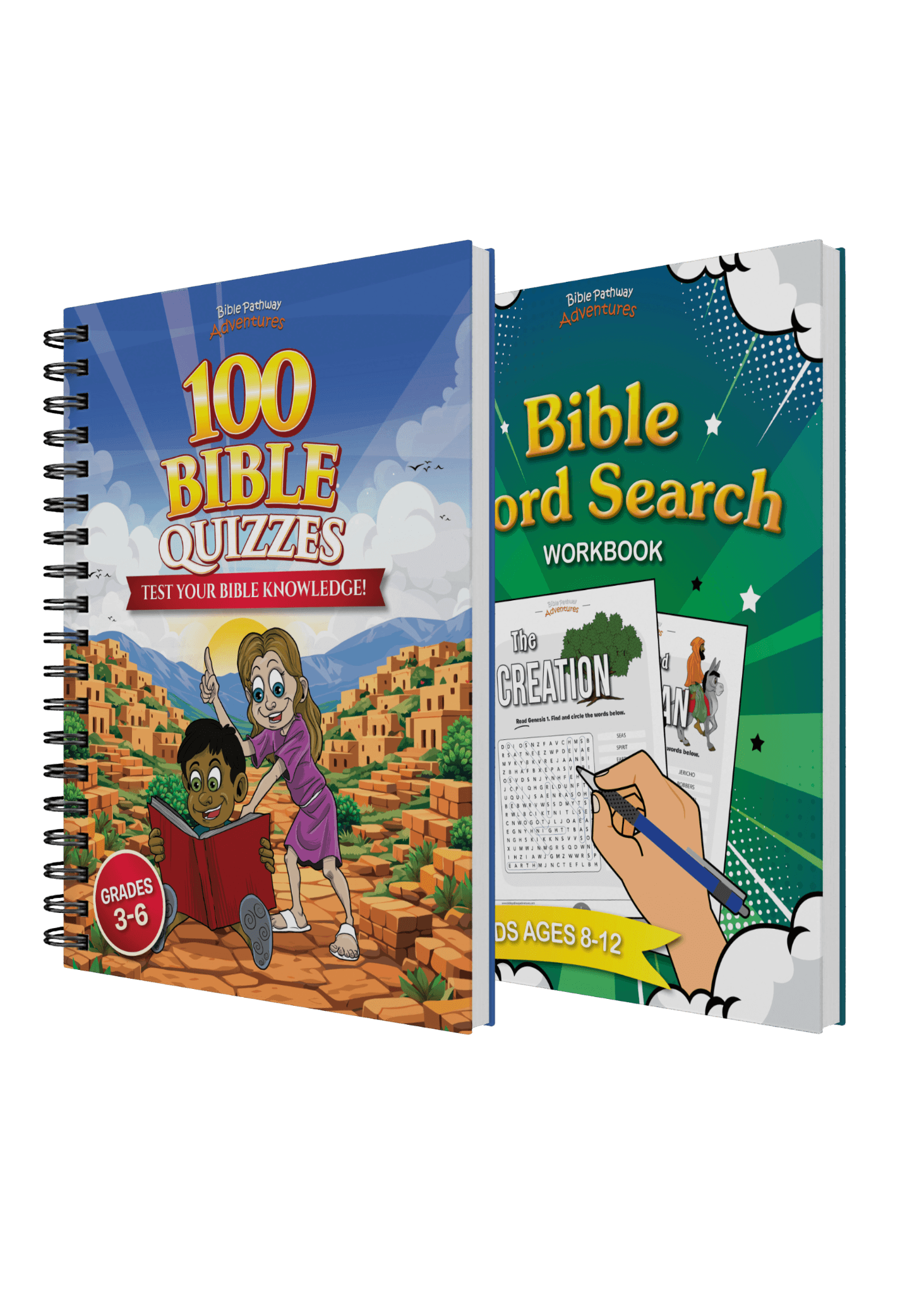 Two educational books titled '100 Bible Quizzes' and 'Bible Word Search Workbook' on a white background.