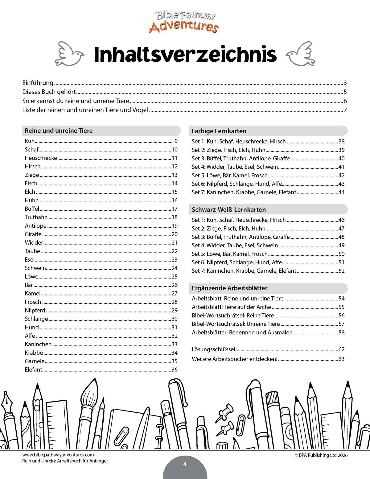 German table of contents page from a children's activity book titled 'Rein und Unrein'. The page features a black-and-white layout with the title at the top, a central 'Inhaltsverzeichnis' section listing chapters and activities, and a black-and-white line-art illustration of pencils at the bottom.