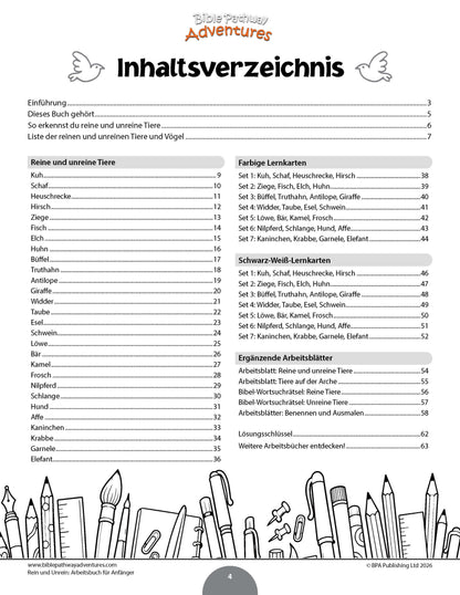 German table of contents page from a children's activity book titled 'Rein und Unrein'. The page features a black-and-white layout with the title at the top, a central 'Inhaltsverzeichnis' section listing chapters and activities, and a black-and-white line-art illustration of pencils at the bottom.