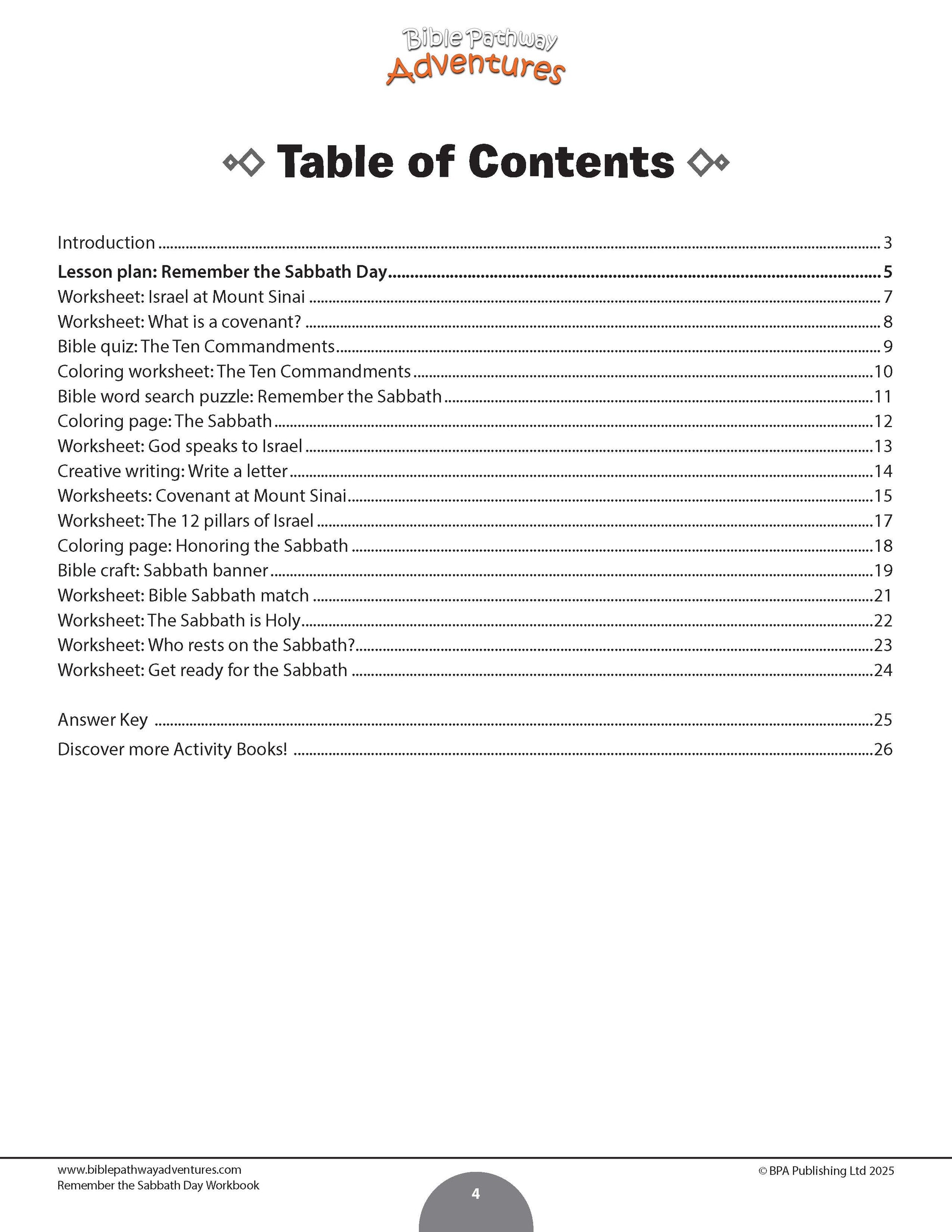 Table of contents for a Sabbath lesson plans and worksheets.
