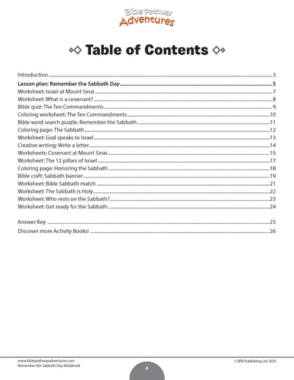 Table of contents for a Sabbath lesson plans and worksheets.
