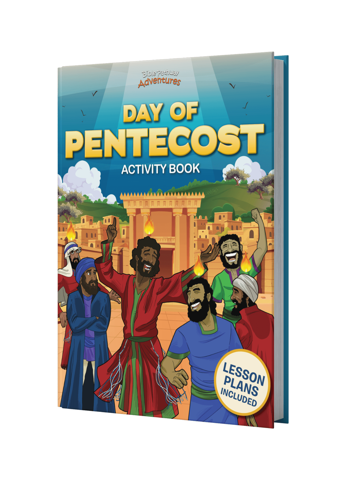 Activity book cover titled 'Day of Pentecost' with illustrated characters and lesson plans included.