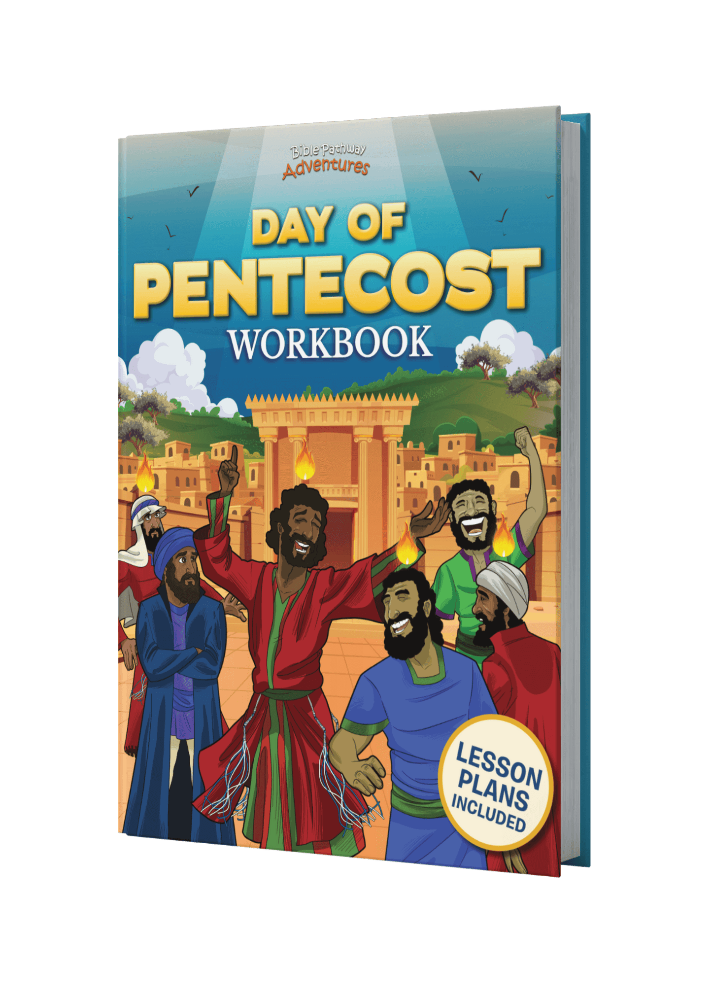 Workbook cover titled 'Day of Pentecost' with illustrated characters and lesson plans included.