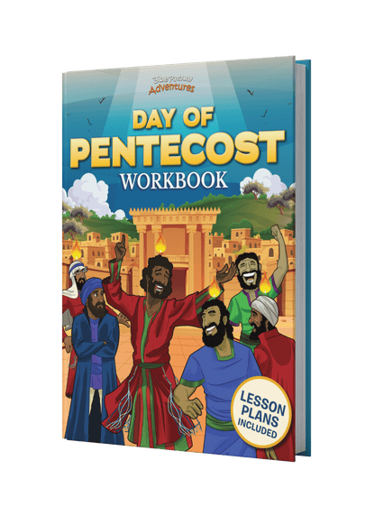 Workbook cover titled 'Day of Pentecost' with illustrated characters and lesson plans included.