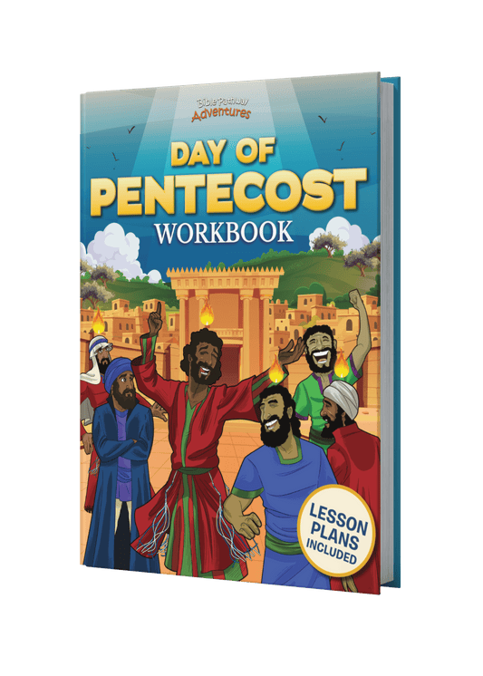 Workbook cover titled 'Day of Pentecost' with illustrated characters and lesson plans included.