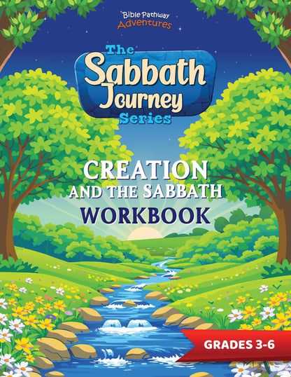 Workbook cover for 'The Sabbath Journey Series: Creation and the Sabbath' with a scenic illustration of trees and a stream.