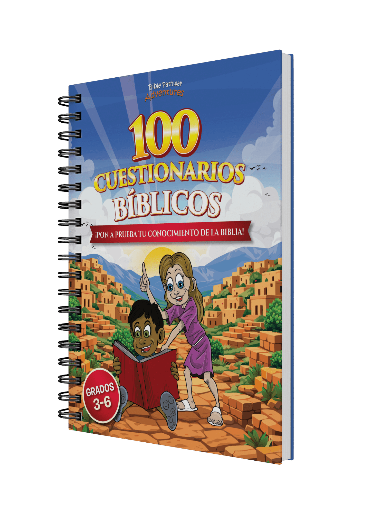 Book titled '100 Cuestionarios Bíblicos' with a colorful cover featuring two children and a desert landscape.