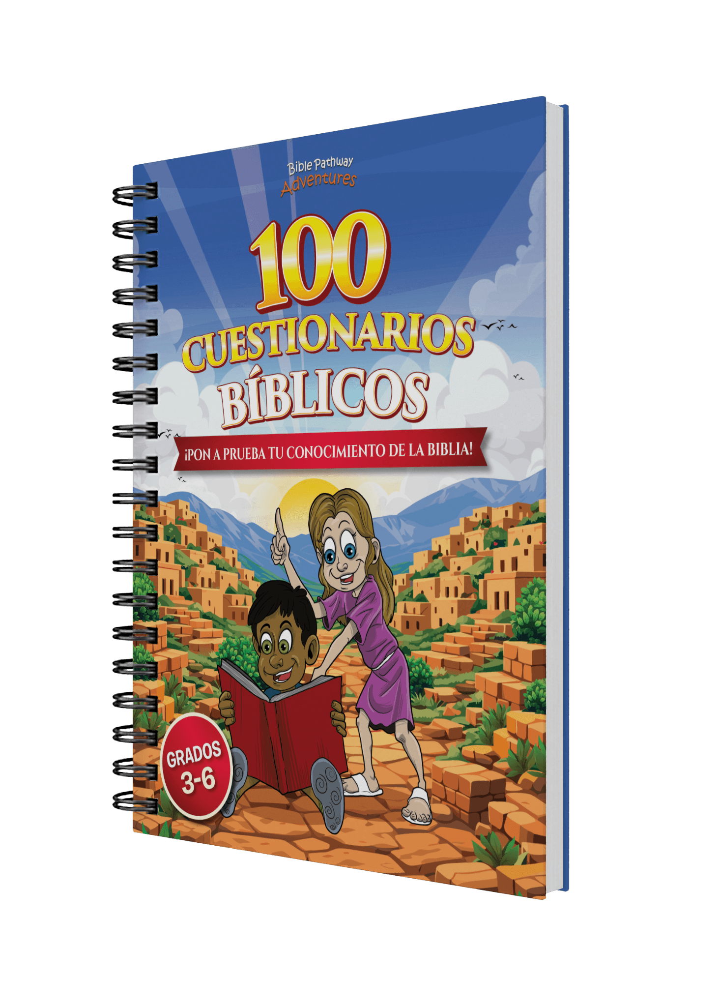 Book titled '100 Cuestionarios Bíblicos' with a colorful cover featuring two children and a desert landscape.