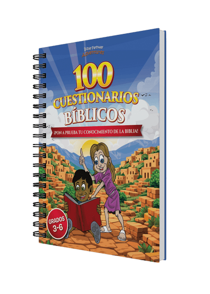 Book titled '100 Cuestionarios Bíblicos' with a colorful cover featuring two children and a desert landscape.