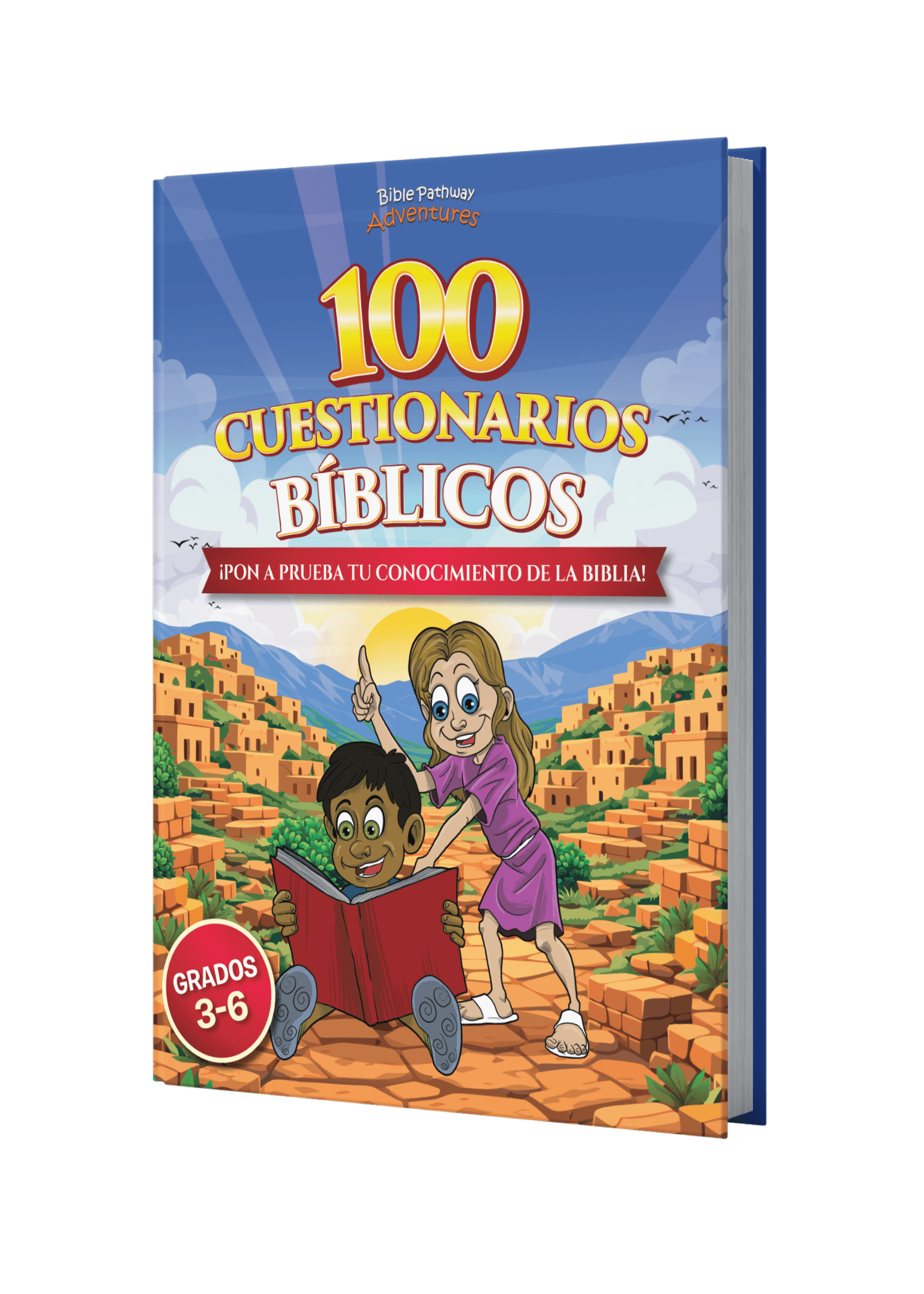 Book cover of '100 Cuestionarios Bíblicos' with two children and a Bible on a colorful background