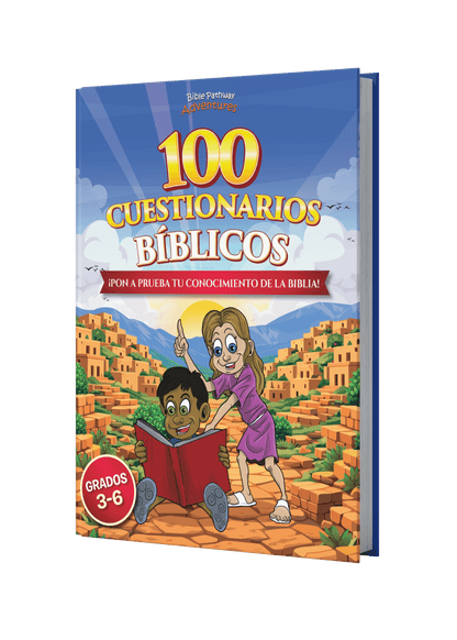 Book cover of '100 Cuestionarios Bíblicos' with two children and a Bible on a colorful background