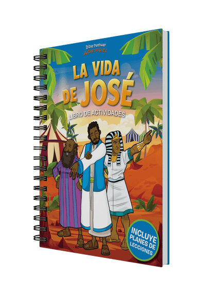 Colorful book titled 'La Vida de Jose' with illustrations on a black background