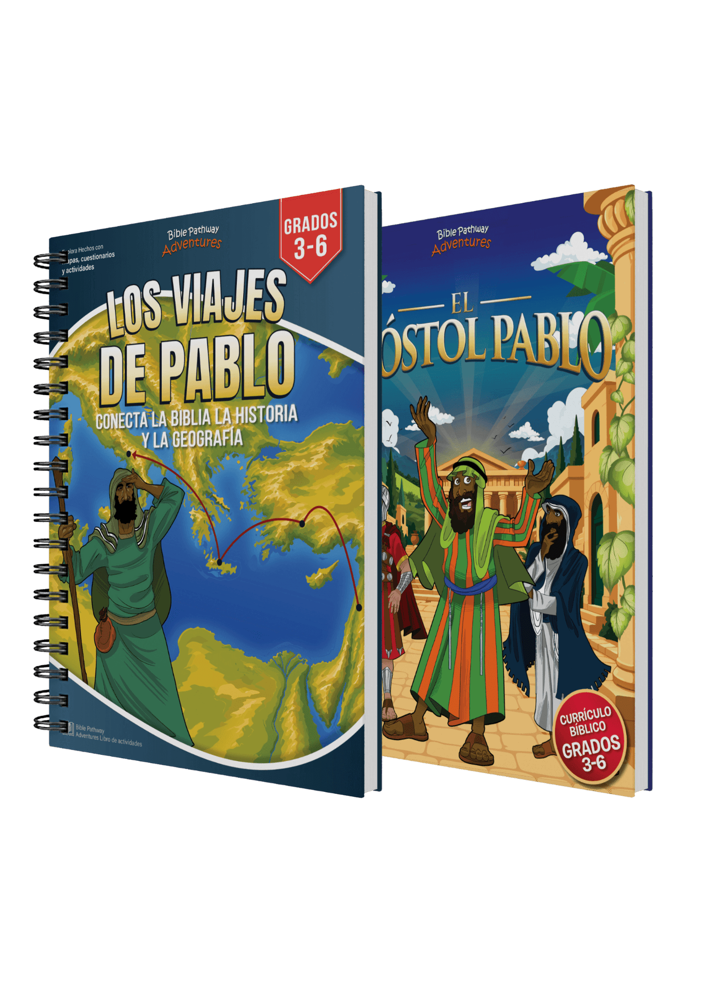 Two Spanish educational books for grades 3-6 by author Brian Porter, titled 'Los Viajes de Pablo' and 'El Pastor Pablo', shown as a spiral-bound workbook and a companion book on a white background.