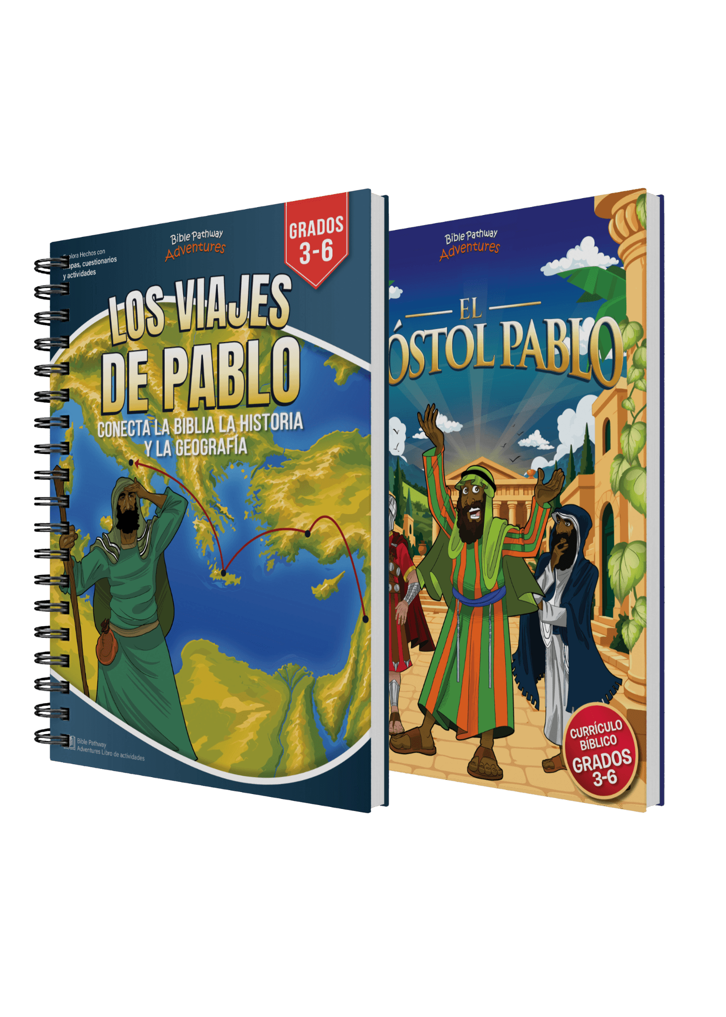 Two Spanish educational books for grades 3-6 by author Brian Porter, titled 'Los Viajes de Pablo' and 'El Pastor Pablo', shown as a spiral-bound workbook and a companion book on a white background.