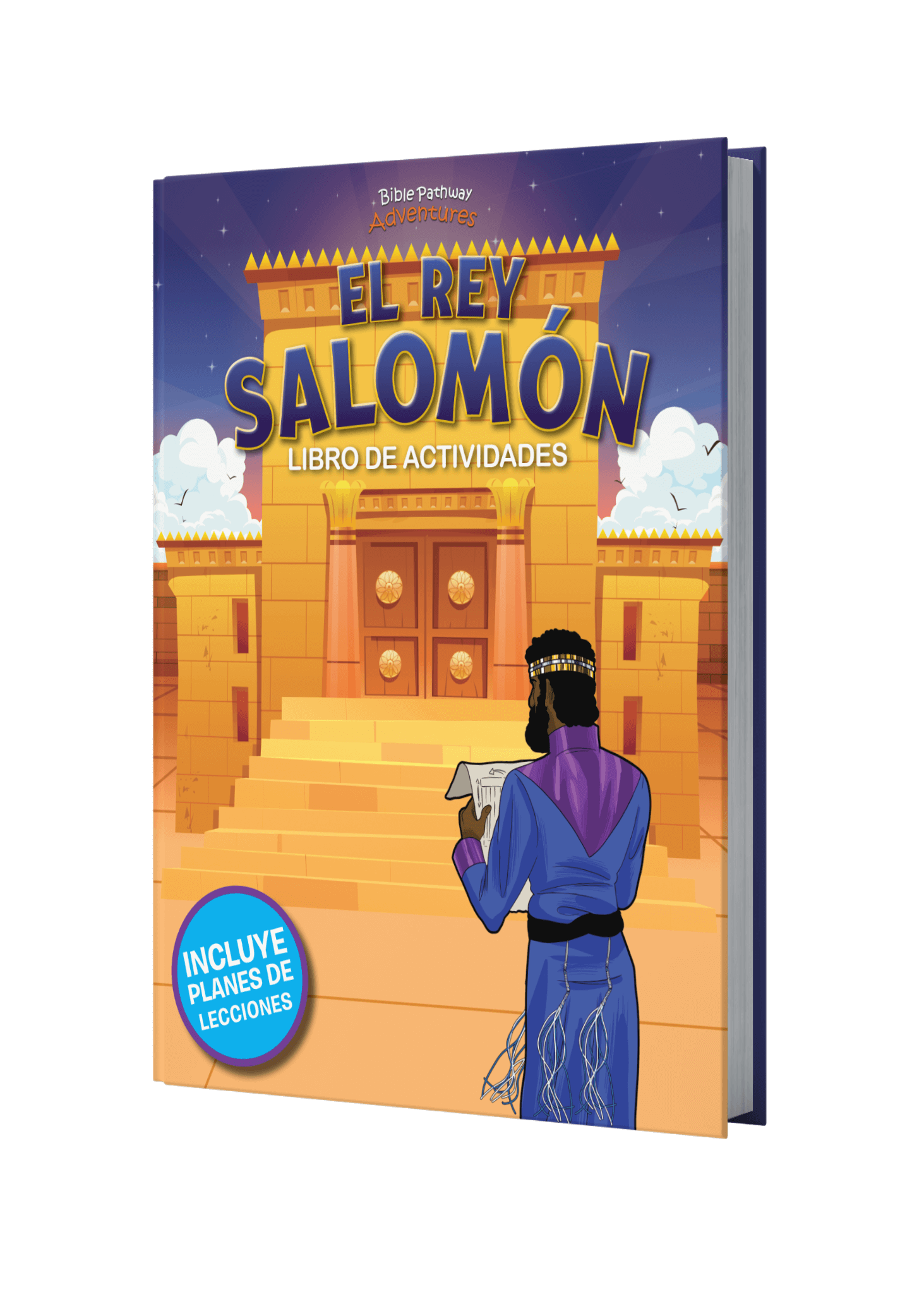 Book cover of 'El Rey Salomón' with a illustration of a person in robes holding a tablet, set against a castle-like background.