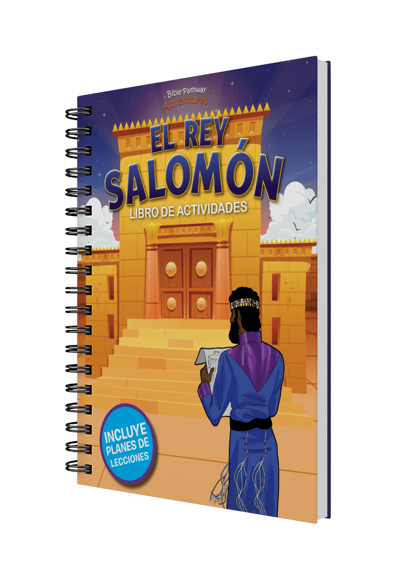 Children's activity book titled 'El Rey Salomón' with a colorful cover featuring a character and architectural elements.