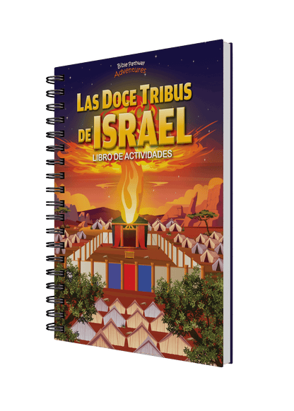 Activity book titled 'Las Doce Tribus de Israel' with colorful cover design on a black background