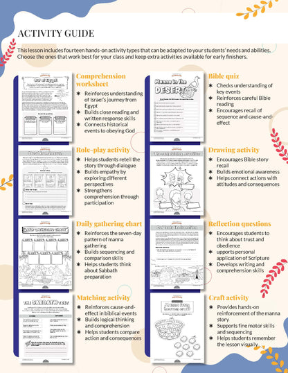 Sabbath in the Wilderness Lesson Plan Activity guide with various educational activities for students on a white background