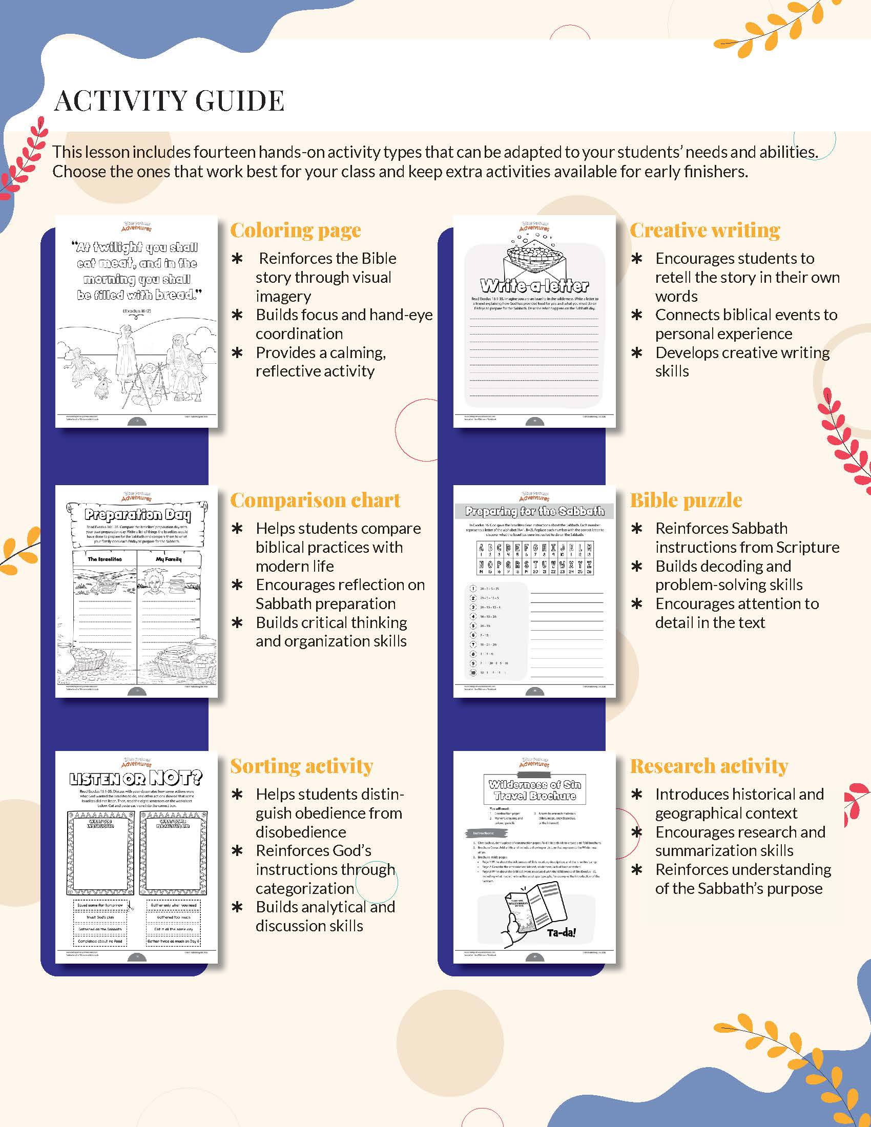 Sabbath in the Wilderness Lesson Plan Activity guide with various educational activities on a white background