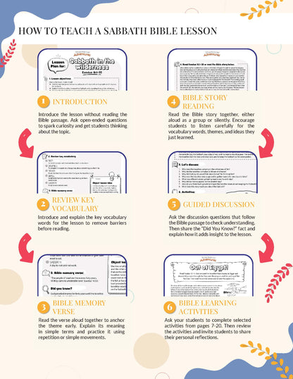 Sabbath in the Wilderness Lesson Plan Step-by-step guide on how to teach a Sabbath Bible lesson with text and icons.