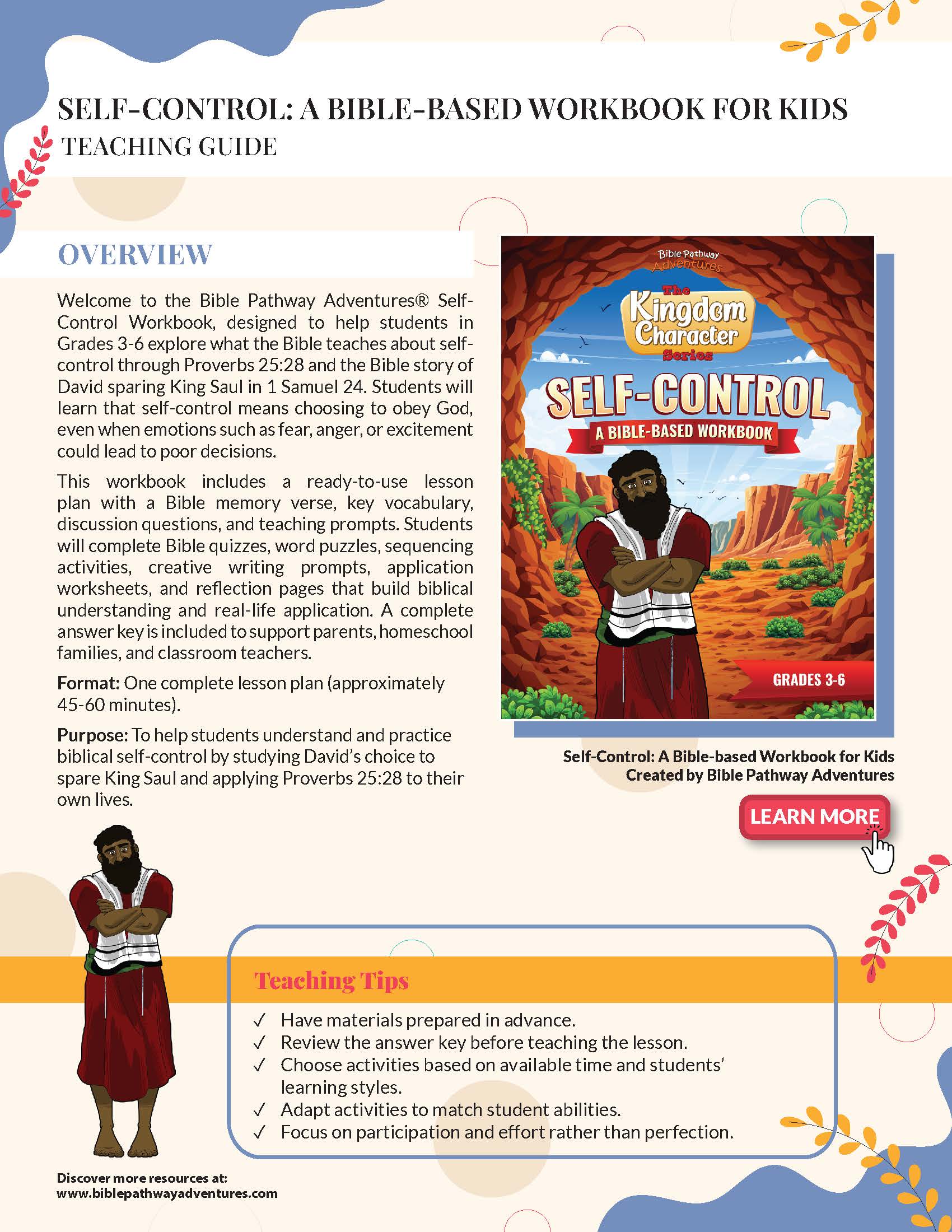 Advertisement for 'Self-Control: A Bible-Based Workbook for Kids' with text and images of children.