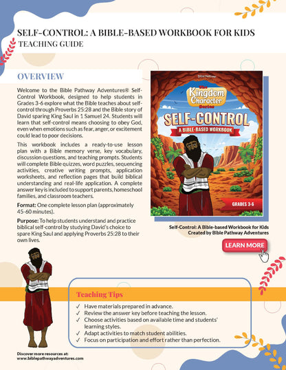 Advertisement for 'Self-Control: A Bible-Based Workbook for Kids' with text and images of children.