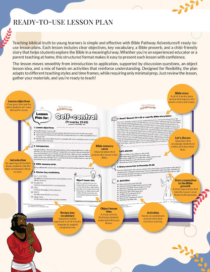 Lesson plan for self-control with Bible verses and activities, designed for teaching biblical truth to young learners.