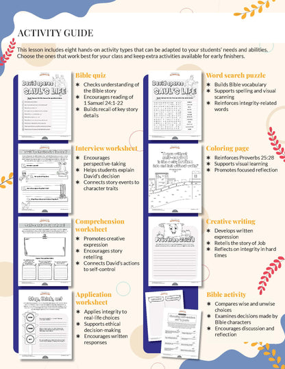 Self-Control: A Bible-Based Workbook for Kids Activity guide with various educational worksheets on a white background