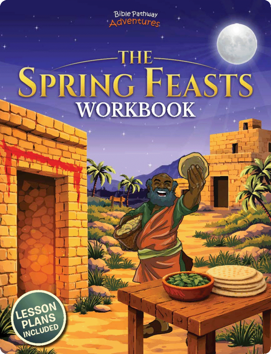Cover of 'The Spring Feasts Workbook' with a desert scene and character, featuring 'Bible Pathway Adventures'.