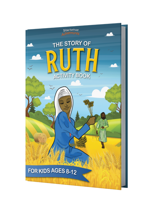 The story of Ruth book cover. Ruth sitting in field with Boaz in background.