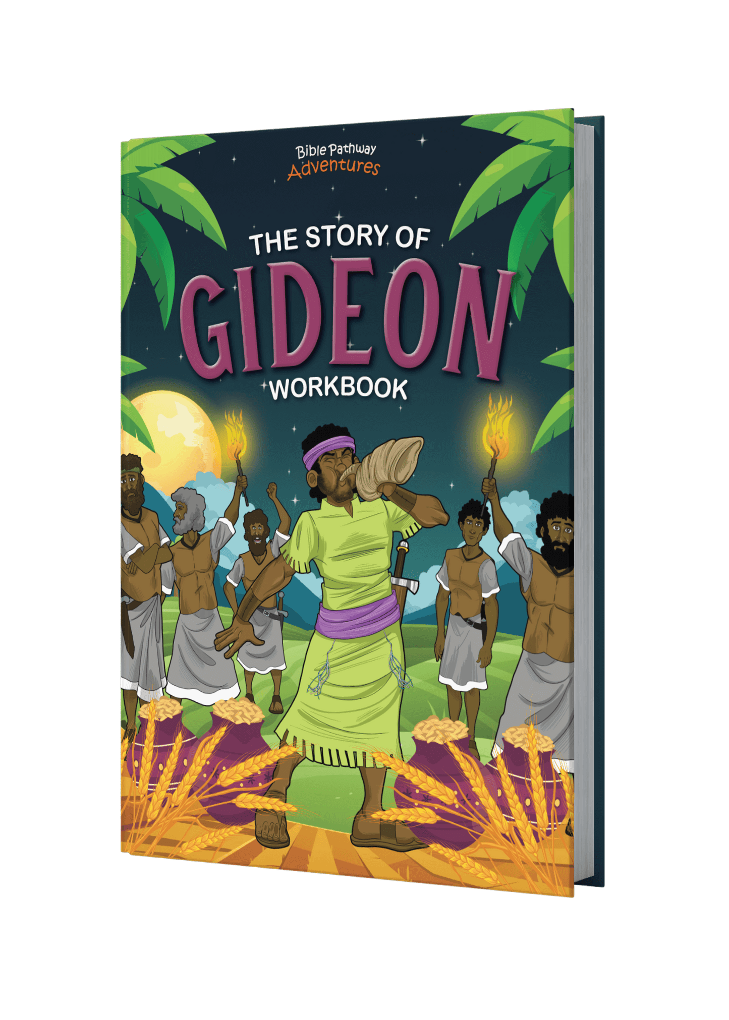 Book cover of 'The Story of Gideon Workbook' with colorful illustration on a black background