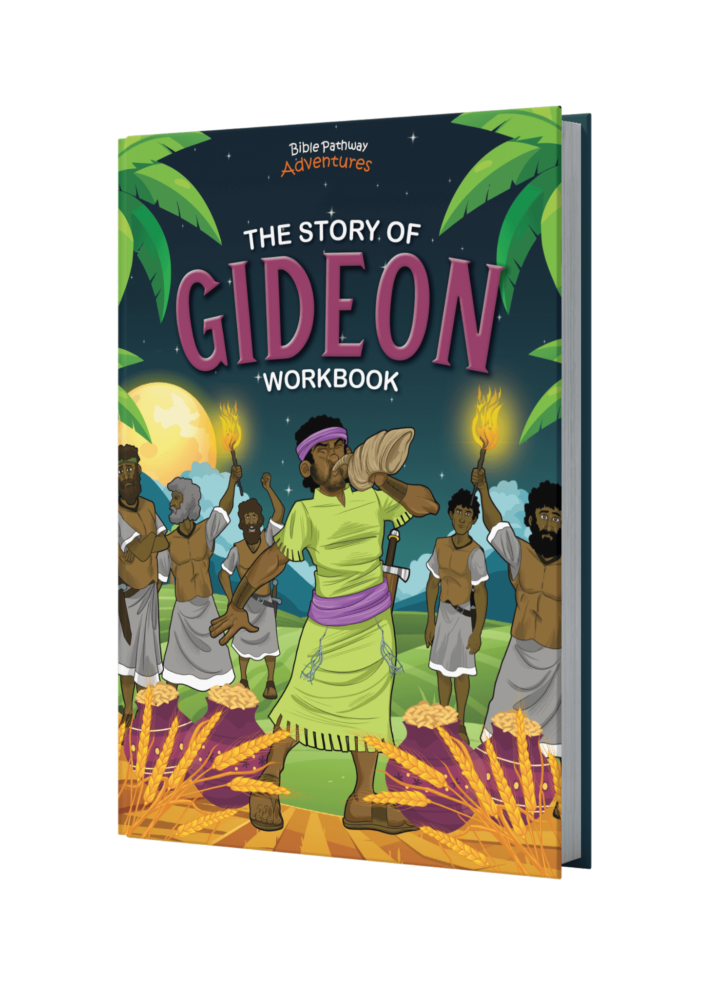 Book cover of 'The Story of Gideon Workbook' with colorful illustration on a black background