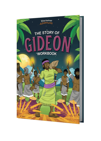 Book cover of 'The Story of Gideon Workbook' with colorful illustration on a black background