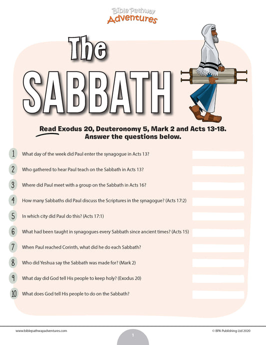 Educational worksheet about the Sabbath with a cartoon character and questions related to biblical passages.