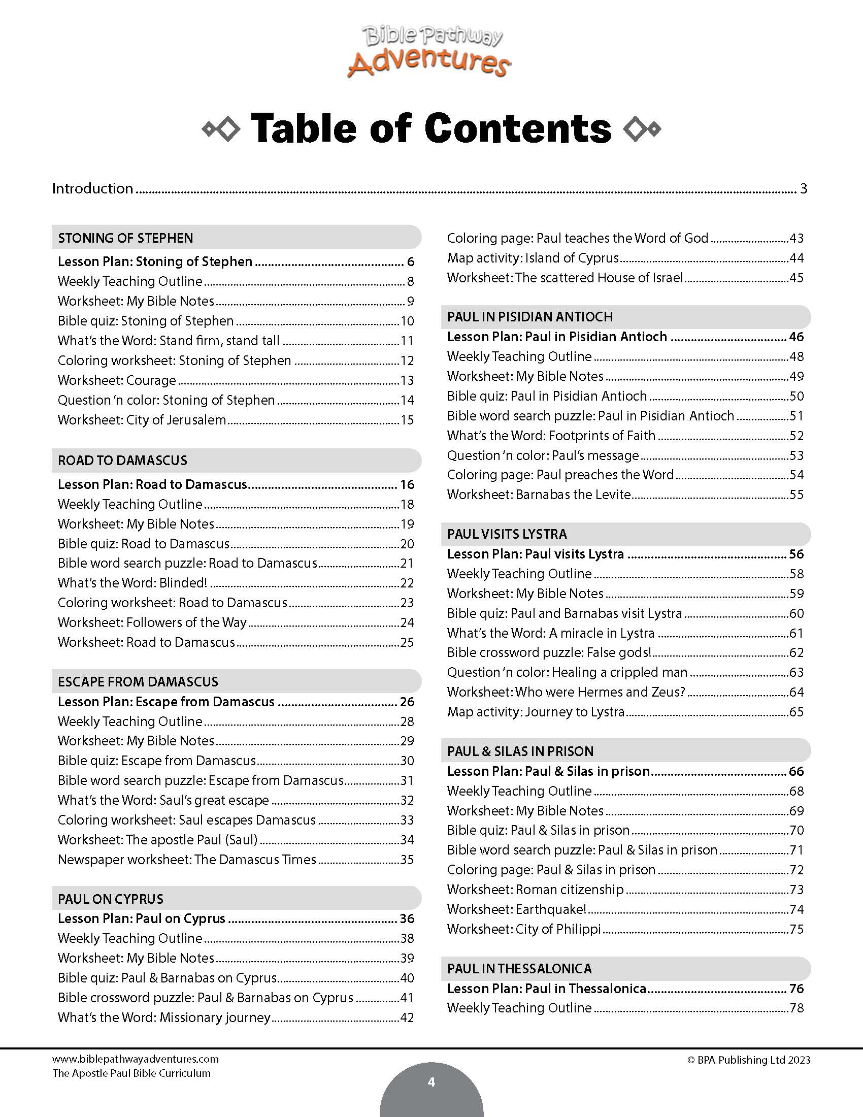 A printed table of contents page from a Bible curriculum booklet titled 'The Adventures of David' by Bible Publishing. The page shows the introduction section with chapter and verse references, lesson and worksheet titles, and page numbers in black text on a white background.