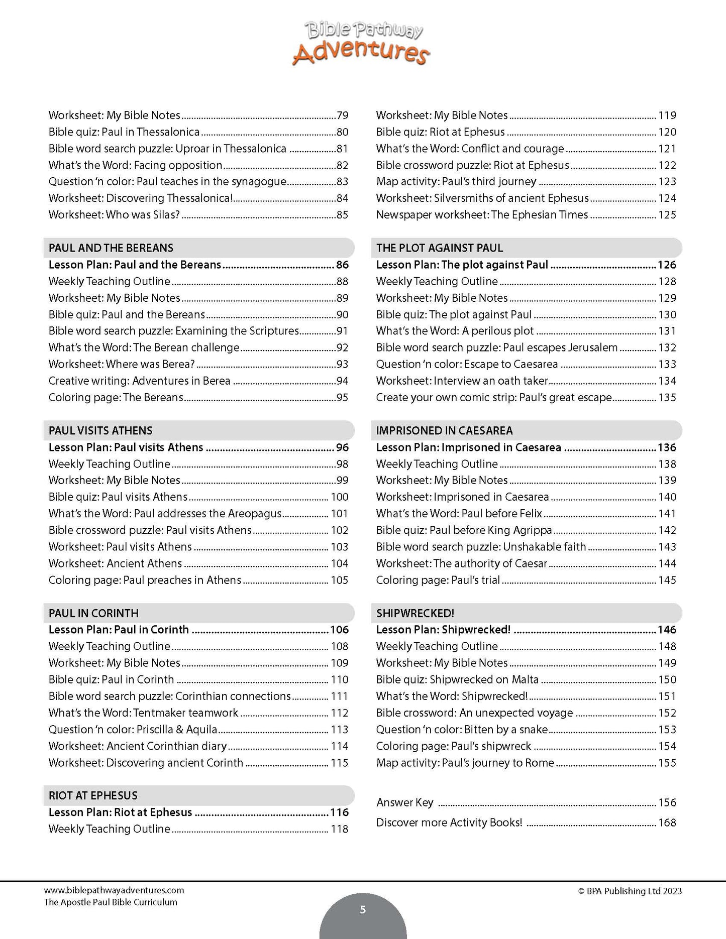 An apostle Paul Bible curriculum outline or workbook page titled 'Adventures' with columns of lesson titles, page numbers, and Bible verses on a white background.