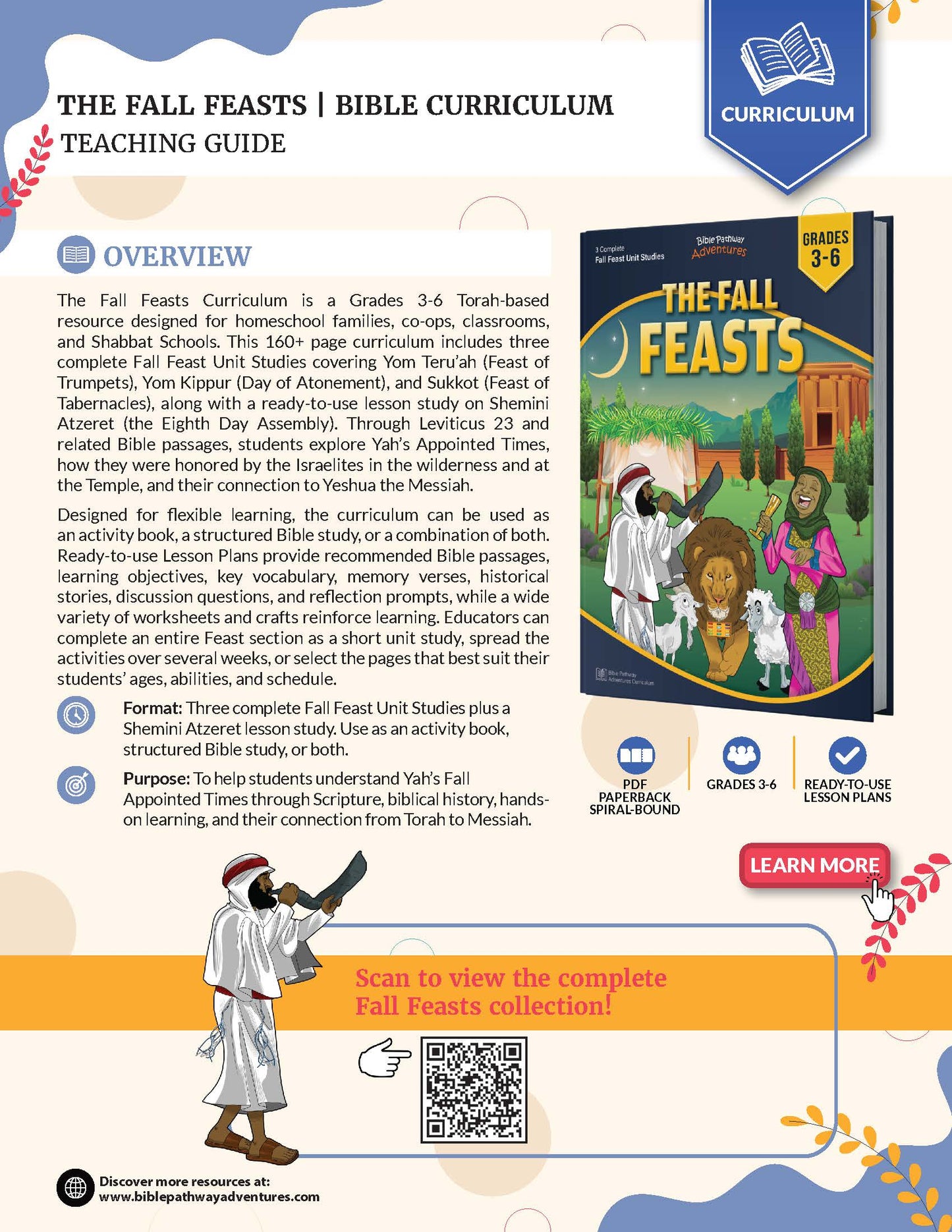 Promotional graphic for a Bible curriculum titled 'The Fall Feasts | Bible Curriculum Teaching Guide,' showing a large preview of the book cover, a smaller inset cover, and descriptive text on a white background with decorative orange and blue accents.